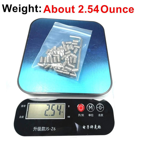 Bag of fifty piece set screws one quarter twenty threads by three eighths inch 304 stainless steel on scale reading 2.54 oz