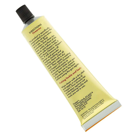 Side view of No 9 Gun Grease For Firearms 1.75 Oz Heavy Duty Lubricant tube with instructions on the back label for range and field use.