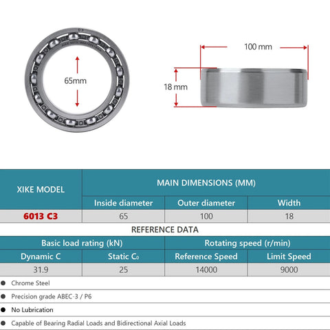 XiKe 6013-C3 deep groove ball bearing, 65x100x18 mm, open, chrome steel, pack of 1