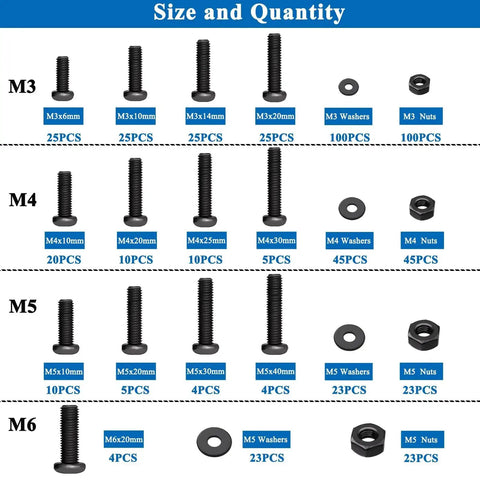Diagram showing 516 Piece Nuts And Bolts Hardware Kit With 21 Sizes M3 M4 M5 M6 Phillips Pan Head Fasteners And Washers