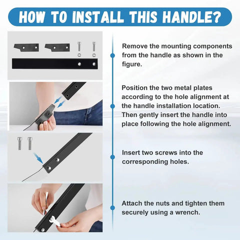 Installation guide showing steps to attach a handle using metal plates, screws, and a wrench on a surface.