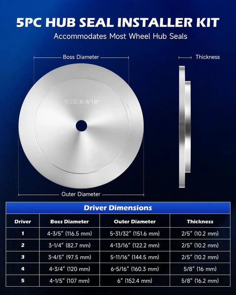 Dimensions chart of 5-piece hub seal installer kit from 2 In 1 Bearing Press And Hub Seal Installer Kit For Trucks And Vehicles.