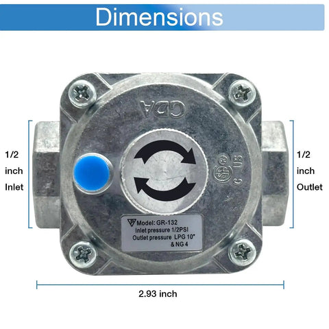 Natural Gas Regulator For Grills And Stoves with 1/2 inch inlet and outlet, dimensions labeled, NG/LPG convertible, close-up view