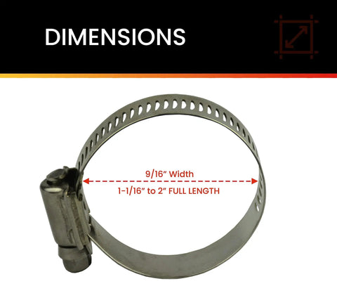 Heavy Duty All Stainless Steel Hose Clamp Set Pack SAE 024 Range One And One Sixteenth To Two Inches dimensions diagram