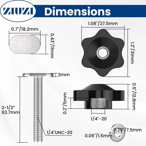 Dimensions of Ten Pack T Track Knob Kit With One Quarter Twenty Bolts And Washers For Jigs, including knob and bolt sizes.