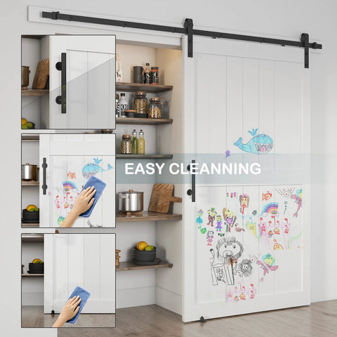 48x84 Inch Sliding Barn Door With 8 Foot Hardware Kit Handle Floor Guides And Easy DIY Installation White MDF Door with artwork, easy cleaning demonstration.