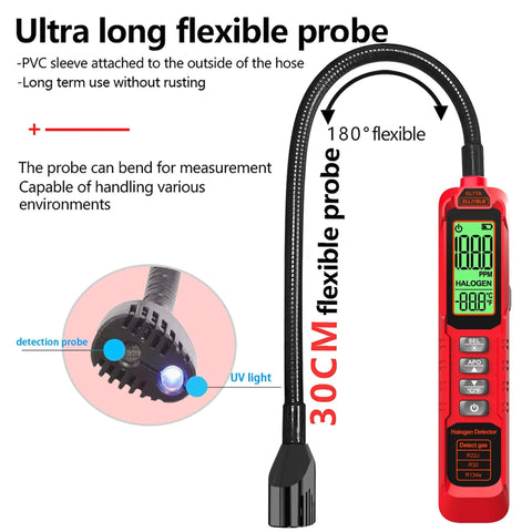 Ultra High Sensitivity Halogen Freon Leak Detector With UV Light Probe, flexible probe and digital display for RV AC and home detection.