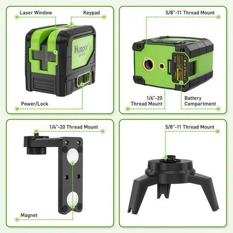2 Plumb Dots And Cross Line Laser Level With 180 Degree Wide Angle 2 In 1 Green Self Leveling Laser Tool components and mounts