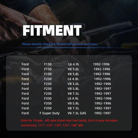 Rear Fuel Pump Replacement For Ford F Series Trucks 1992 To 1997 F150 F250 F350 Super Duty Fitment Chart