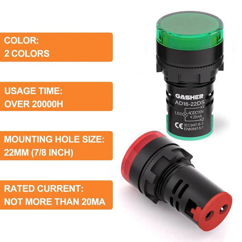 Energy Saving Indicator Lights Set For 12V, 24V And 110V Systems, 20 mA, 22 mm Mounting Hole, Red And Green High Brightness LEDs, 10 Pcs