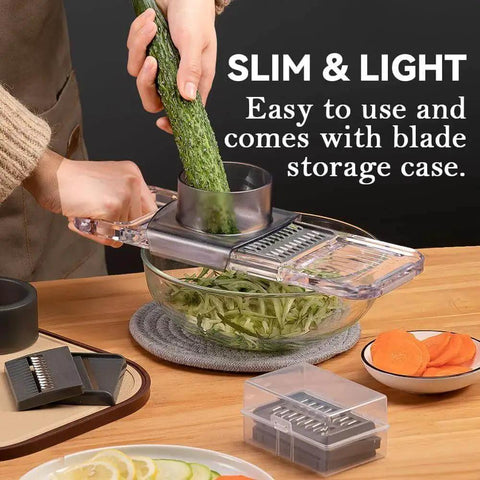 All In One Transparent Multifunctional Mandoline Slicer With 6 Interchangeable Blades Handheld Vegetable Cutter in use with cucumber