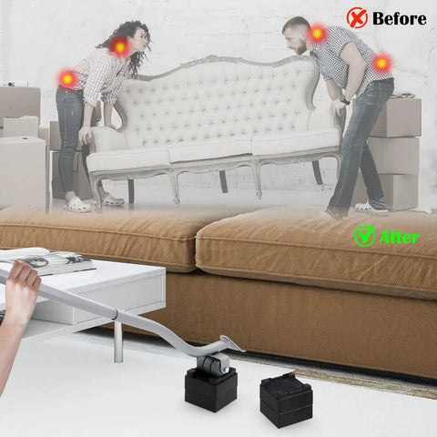 Person using Heavy Duty Furniture Lifter Tool With Sliders And Wheels For Moving Heavy Sofas Refrigerators And Washing Machines Safe To Lift And Roll With Four Raise Blocks And One Lifter Tool Durable Metal Grey, demonstrating ease of lifting and moving furniture.