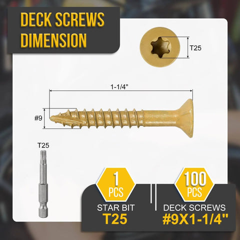 Tan Deck Screws 9x1.25 Inch 100 Pack For Decks Fences Frames Outdoor Furniture Pro Grade Carbon Steel Epoxy Coated With Torx T25 Bit Type 17 Point Heavy Duty Wood Screws For DIY Projects