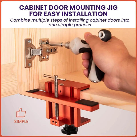 Universal Cabinet Door Mounting Jig for Easy Hinge Alignment and Drilling Template in use on wooden cabinet