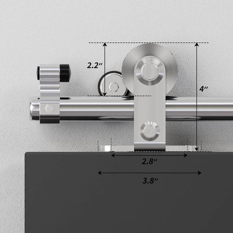 Close-up of 10 Ft Top Mount Sliding Barn Door Hardware Kit With Stainless Steel Track And Roller System detailing dimensions.