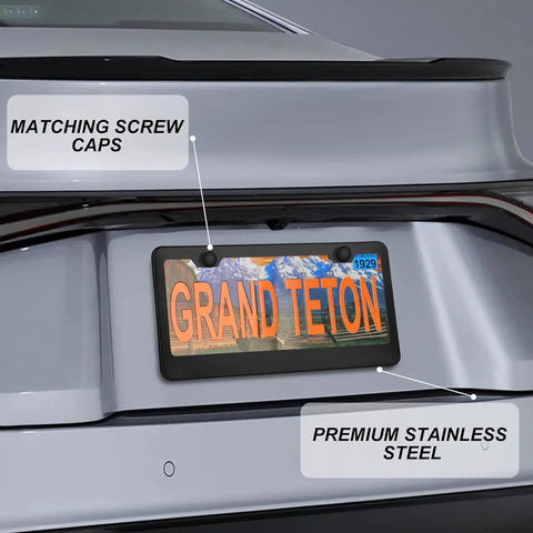 Matte Black 2 Pack License Plate Frame Holder With 2 Holes, 304 Stainless Steel, Rustproof And Easy Mounting Accessories, 12.25 By 6.3 Inches, Street Legal, Fits All Plates In Canada, installed on vehicle with plate.