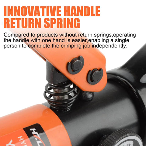 Close-up of the innovative handle return spring on a Hydraulic Crimping Tool Kit With 9 Die Sets For 12 AWG to 2/0 AWG Cables.