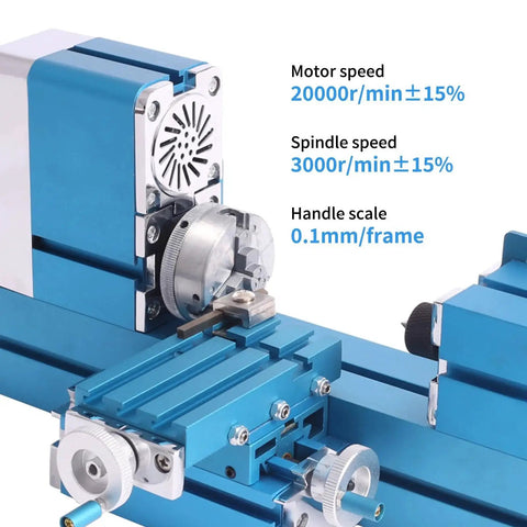 Mini Metal Lathe 36W Power Lathe For Hobbyists Dope Small Size Lathe For Garage Workshop Tools Timber And Metal Friendly Fixed 20000 RPM Speed 12V DC Transformer 110V To 240V Input, featuring blue motor and adjustable knobs
