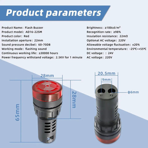 24V Red LED Flashing Buzzer Kit Ten Pack For Electrical Control Panels 22mm Panel Mount AC DC Alarm Indicator Specifications