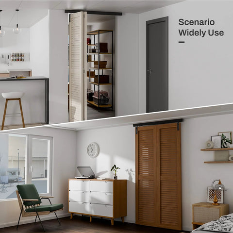 36 Inch Ceiling Mount Box Rail Hardware For Bifold Sliding Barn Doors shown installed in modern living area.