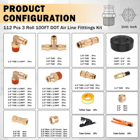 CheeMuii 112 pcs brass DOT air line fittings kit with 3 rolls of 100 ft hose, 1/4, 3/8, 1/2 in push-lock fittings