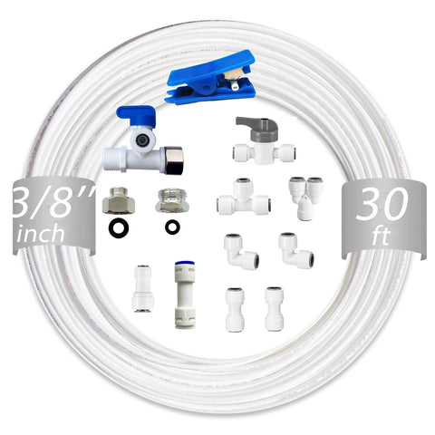 TSnsfCerti NSF 3/8 inch water line tubing kit with 30 ft white tubing and 11 push-to-connect fittings, Amazon brand