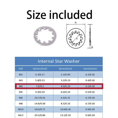 304 Stainless Steel Internal Tooth Star Lock Washers Kit 100 Pc Assortment M4 Heavy Duty Corrosion Resistant Circlip Snap Rings size chart