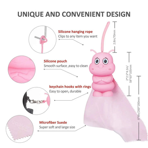 Portable Microfiber Cloth With Bag Charm And Keychain Glasses And Screens Pink with silicone charm, hooks, and microfiber cloth.