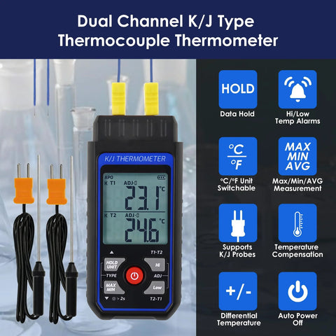 Dual-channel K/J thermocouple thermometer, black handheld with backlit LCD and four K-type probes.
