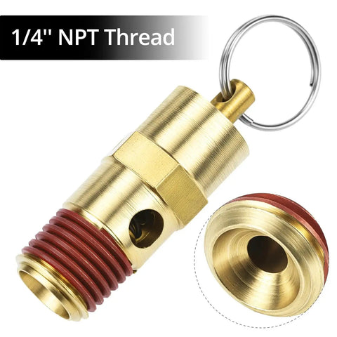 Close-up of Brass Pressure Relief Valve Set for Air Compressors - 2 Pack, 1/4 Inch NPT Threaded, 150 PSI Relief