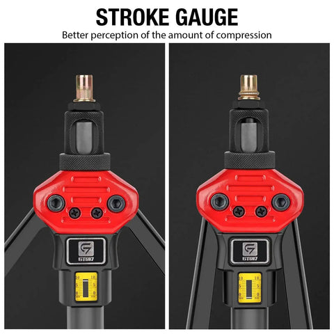Close-up view of Rivet Nut Tool Kit 16 Inch With Toolless Head Change showing stroke gauge feature for compression perception.