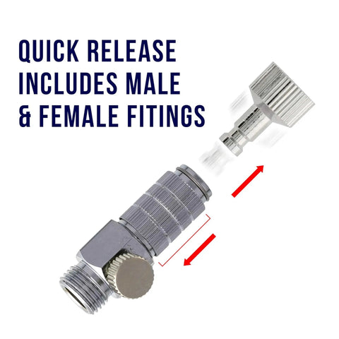 Quick Release Airbrush Coupling With Plug And Flow Control Valve for Easy Switches and Auto Shut Off showing male and female fittings.