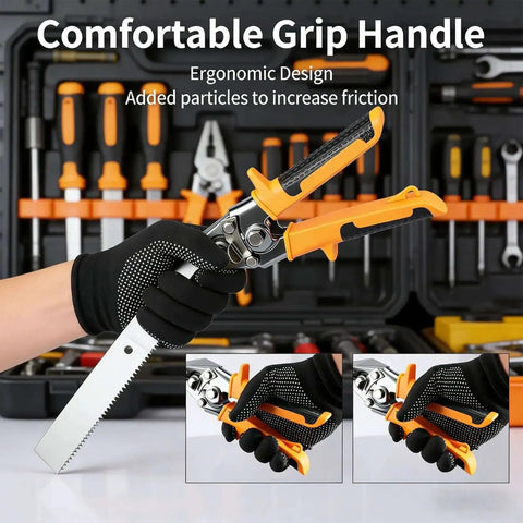 Person holding 3 Inch Sheet Metal Hand Seamer With TPR Handle Straight Jaw Bender, tool close-up showing ergonomic grip and jaw width.