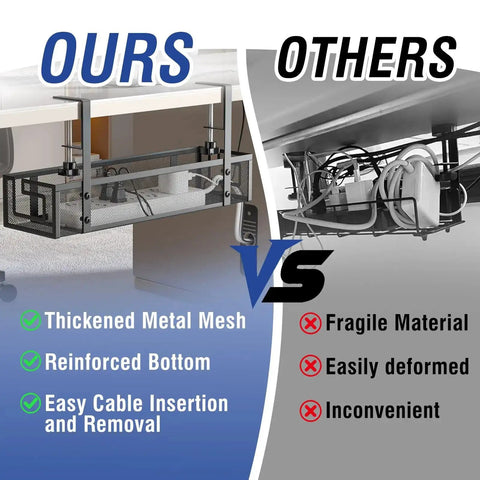 Comparison of Under Desk Cable Tray With No Drill Installation vs alternative; easy setup, thickened metal mesh tray vs fragile material.
