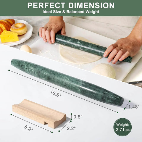 Hands rolling dough with French Marble Rolling Pin With Wooden Resting Base 15 Inch Nonstick Dough Roller For Pie Crust Cookies And Pasta Delivers Smooth Even Rolling And A Sleek Countertop Vibe For Every Home Baker, shown with dimensions and weight.