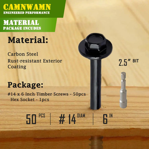 Heavy Duty Wood Screws Pack Of 50 Size 14 By 6 Inches With Hex Head And Hex Socket Black Alloy Steel Timber Log Landscaping Screws Rust Resistant For Outdoor Decking Fencing And Structural Wood Projects