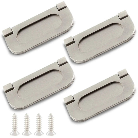 Four Pack 3 Inch Modern Hidden Recessed Door Pull Handles In Silver Zinc Alloy For Cabinets Cupboards Drawers And Dressers Includes Mounting Screws With 64 mm Hole Distance And 75 mm By 35 mm Overall Size For Durable Indoor Outdoor Use, screws visible