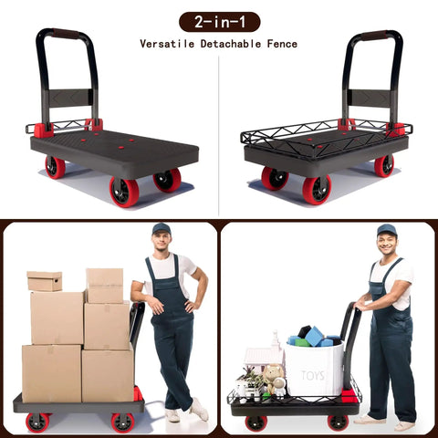 2-In-1 Heavy Duty Platform Trucks And Flatbed Carts With 1760 Lbs Capacity Detachable Solid Steel Wire Fence for moving loads