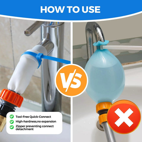 Sink hose attachment for portable faucet; stainless steel body with blue quick-connect clip; two-angle view.