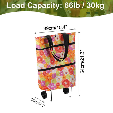 Folding Shopping Bag With Wheels For Travel And Shopping 66lb Capacity with floral pattern, dimensions 39cmx54cmx13cm.
