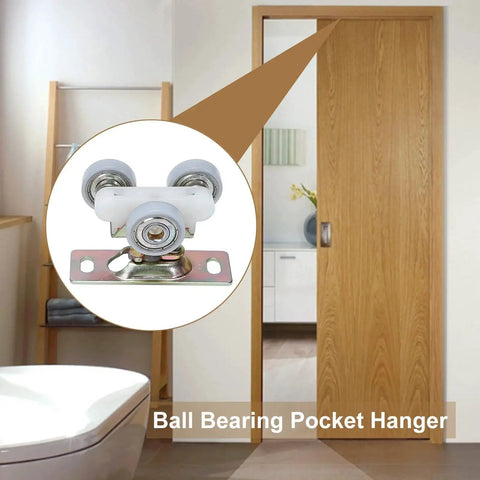 Sliding Pocket Door Top Hanger Rollers Wheels Assembly For 1125 And 1500 Hardware Kit With door installed in home setting