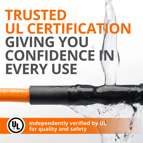 Heat shrink tubing on orange wire with black jacket; UL certification badge visible at bottom