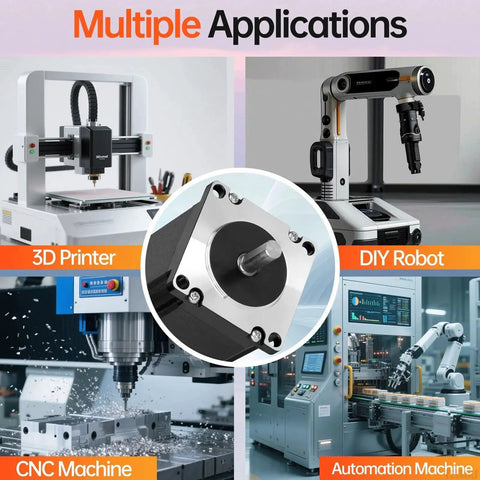 Nema 23 Stepper Motor With 1.8 Degree Step, 3.5Nm torque, shown with applications in CNC, 3D printer, robot, and automation.