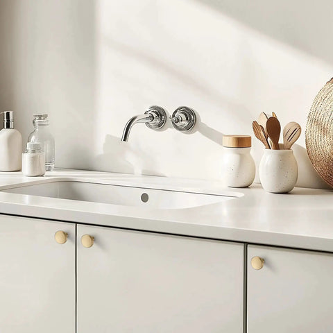 Kitchen with Champagne Bronze Cabinet Knobs, featuring zinc round hardware on white cabinets, modern European design.
