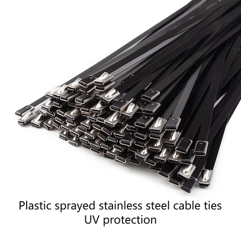 Cable ties, plastic-coated stainless steel, black, UV-protected, 100 pcs