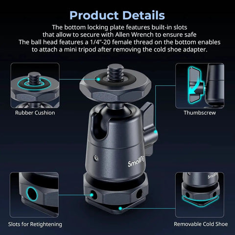 Diagram of Two Pack Pro Grade Mini Ball Head With One Quarter Inch Screw and Removable Shoe Mount, highlighting rubber cushion and thumb screw.