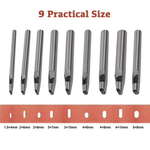 9 Size Oval Leather Hole Punch Set Carbon Steel Pro Grade Hand Punch Tool Kit for Belts, Watchbands, Gaskets, Cloth