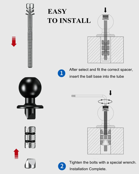 Beefy Metal Motorcycle Fork Stem Mount Base With 1 Inch TPU Ball For Stem Holes 12mm To 25.4mm Includes Dual Spacer Set diagram