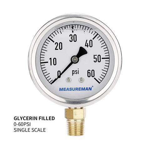 Glycerin Filled Plumbing Pressure Gauge For Vibration Prone Lines, 0 To 60 PSI, 2 And One Half Inch Dial, Stainless Steel Case