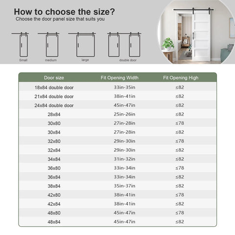 Chart showing sizes for barn doors, including 48 By 84 Inch White Barn Door With 8 Foot Sliding Hardware Kit Included And Handle MDF And PVC.